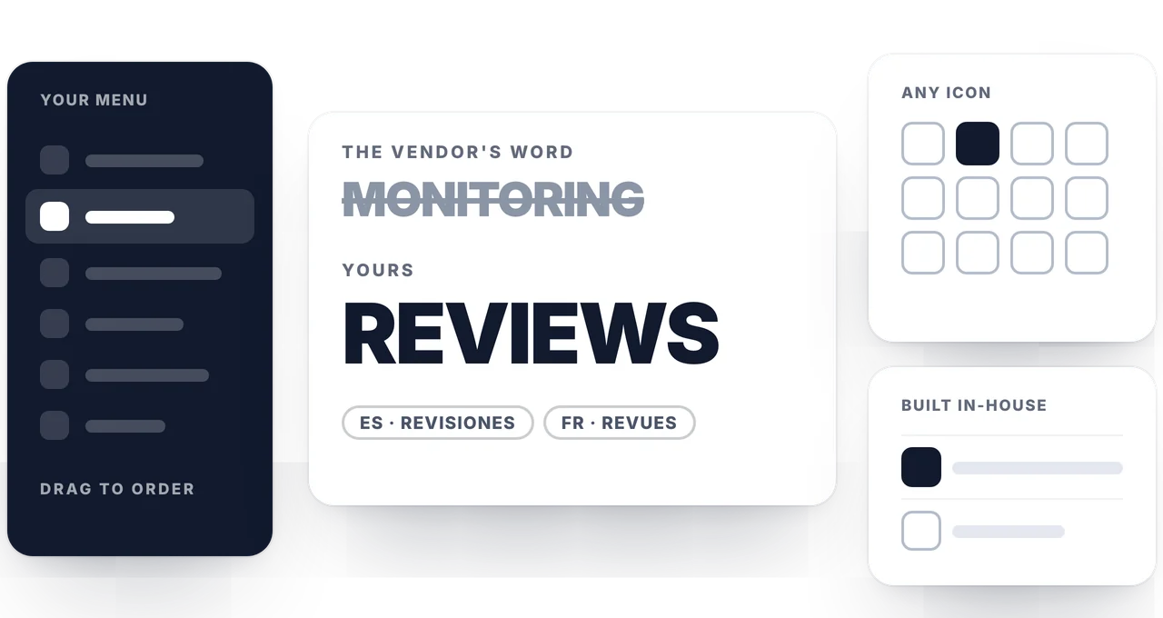The vendor's word, monitoring, struck out above the customer's own word, reviews, with its Spanish and French translations, an icon library and a page built in-house.